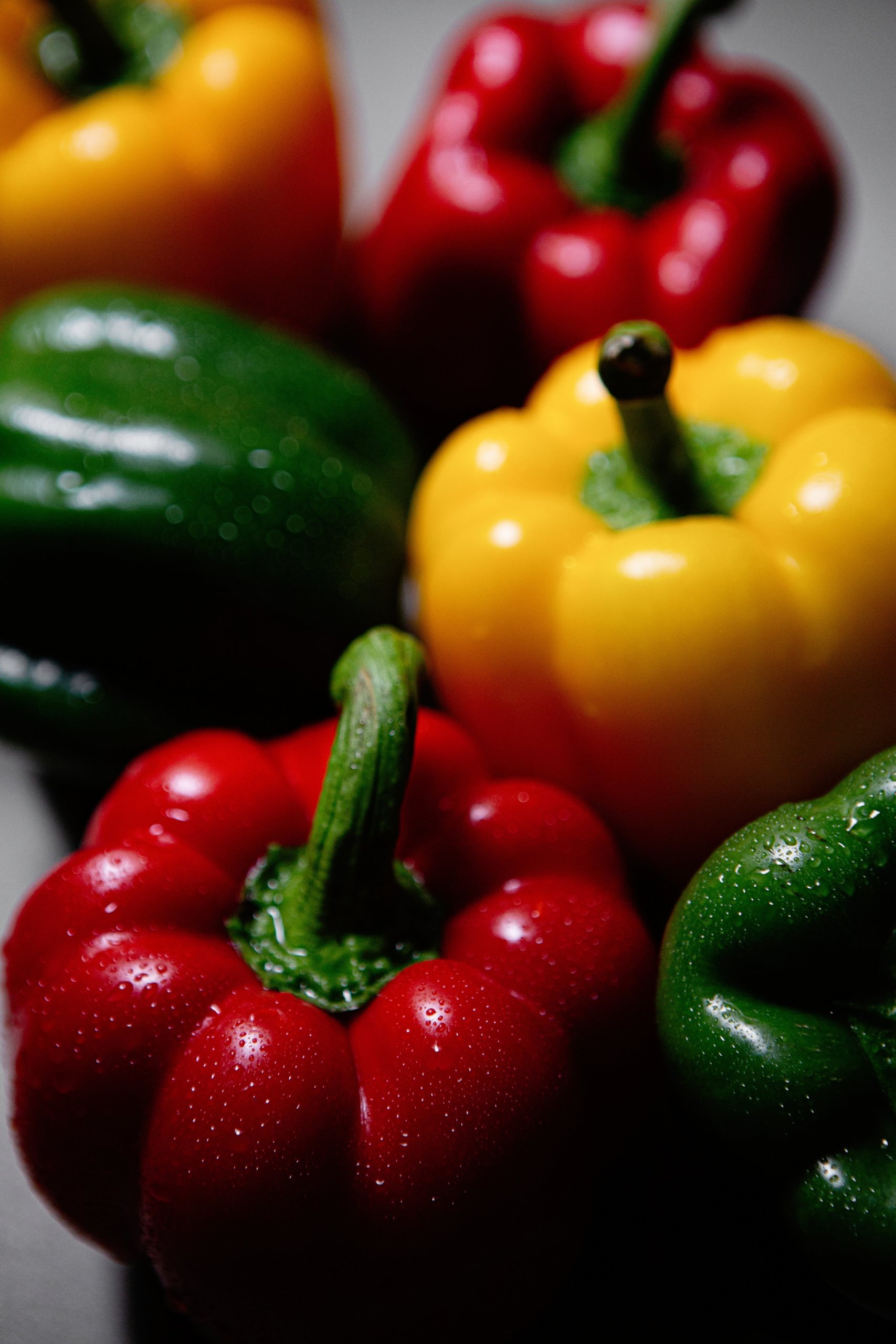 an assortment of green red and yellow peppers shot in bright light with deep shadows, lightly misted with droplets of water.